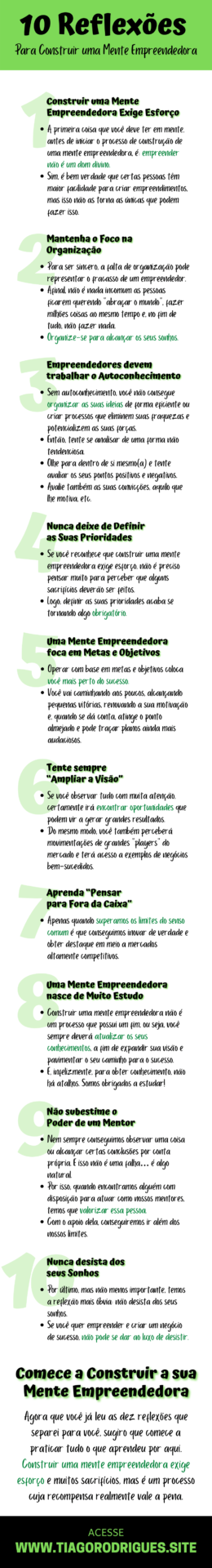 Infográfico sobre o artigo 10 Reflexões para Construir uma Mente Empreendedora